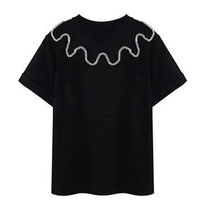 Camiseta Negra Extra Grande para Hombre, Manga Corta, Cuello Redondo, Detalle de Pedrería, Tejido Casual, Color Sólido - Product Image 1