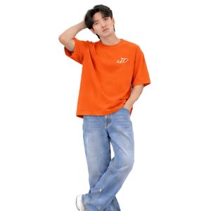 <b>Men's</b> Oversized <b>Bright</b> Orange Crew Neck T <b>Shirt</b> with Relaxed Fit Light Blue Jeans Casual Streetwear Outfit - Product Image 6