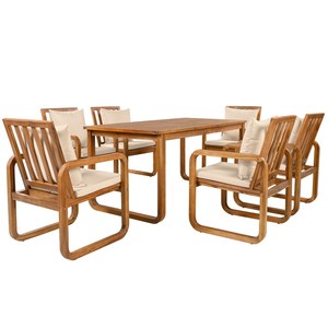 Ensemble de table à manger rectangulaire en teck à plateau lamellé avec 6 fauteuils à base de traîneau et coussins pour terrasse en bois - Product Image 3