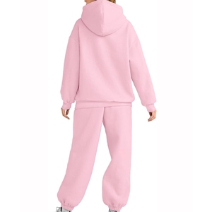 Ensemble de survêtement rose à capuche pour femme, manches longues, couleur unie, coupe décontractée ample avec poches latérales, taille élastique, idéal pour l'automne - Product Image 3