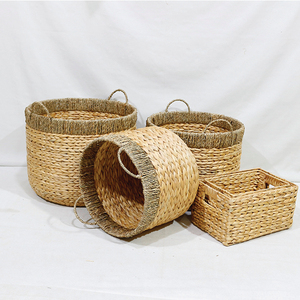Panier de rangement rustique en jacinthe d'eau naturelle avec cadre en jonc de mer, forme circulaire, ensemble de paniers écologiques pour le linge et l'organisation de la maison - Product Image 5