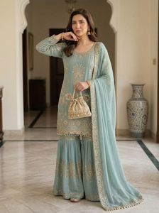Conjunto Sharara de Georgette, Hermoso y Elegante, Estilo Indio-Pakistaní, para Fiestas, Bodas y Uso Diario, para Mujeres y Niñas - Product Image 4