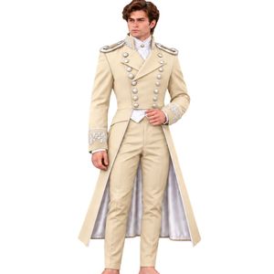 Traje de frac victoriano beige para hombre, estilo gótico, formal, de doble botonadura, chaqueta larga con bordado plateado, pantalones, invierno, 100% poliéster - Product Image 1