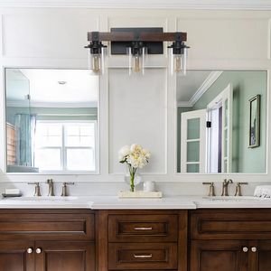 Lampada da Parete Rustica Moderna Stile Fattoria a 3 Luci, Applique Industriale per Bagno con Paralumi in Vetro e Legno - Product Image 3