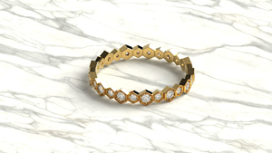 Bague d'éternité en or 18 carats pour femme, motif géométrique hexagonal, diamants ronds, bande nid d'abeille, sertie sur six côtés, entièrement pavée, empilable - Product Image 3