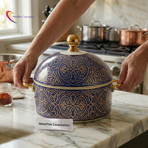 Casserole de luxe 3 pièces en acier inoxydable, nouveau design émaillé oriental bleu et or, couvercle rond, poignée en alliage de zinc, plat de service - Product Image 4