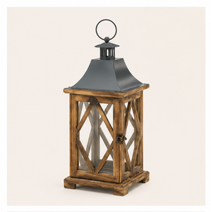 Farol de Madera Hecho a Mano con Patrón de Rejilla de Diamantes y Tapa de Metal, Farol Decorativo Vintage para Decoración de Jardín - Product Image 3