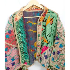 Vintage Bohemian Style Women's <b>Kantha</b> Quilted <b>Jackets</b> Jaipur Embroidery Button Handwoven Printed Cotton Autumn/Winter - Product Image 4