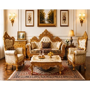 Opulento Juego de Sofás Tapizados en Azul Real de Estilo Rococó, Sofá de Lujo para Sala de Estar con Marco Tallado en Oro, Muebles de Primera Calidad para Sala de Estar - Product Image 5