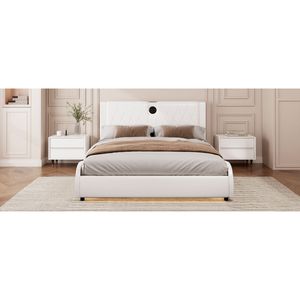 Lussuoso letto con plateau Full-Size bianco in ecopelle rivestita testiera spessa altoparlanti Bluetooth RGB LED Light No Box - Product Image 3