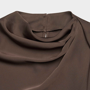 Chemisier élégant en polyester à col drapé, sans manches, en satin de soie, avec torsion avant professionnelle, pour femme, automne - Product Image 4