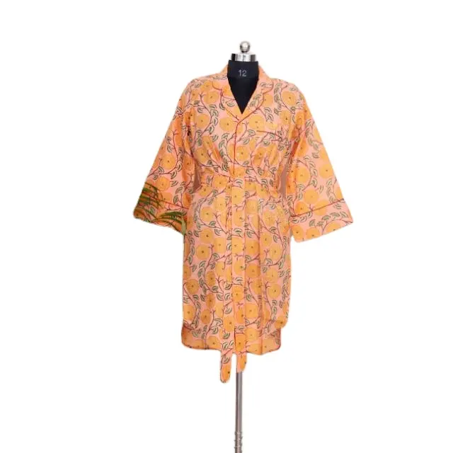 Bloemen Katoenen Shirt Nachtkleding Zachte Indian Katoen Vrouwen Resort Wear Jurk, Lange Kimono Mouwen Voor Party Wear, wrap Jurk