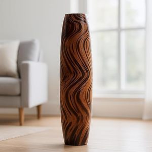 Vase décoratif haut et rond en bois naturel poli, style Art déco, fait main, pour salon, jardin et bureau - Product Image 5