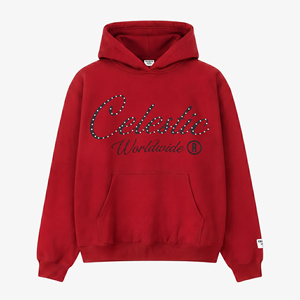 เสื้อฮู้ดโอเวอร์ไซส์สีแดงผ้าฝ้ายเฟรนช์เทอร์รี่ 100% น้ำหนัก 350 GSM สำหรับผู้ชาย ปี 2026  พร้อมโลโก้พิมพ์ด้านหน้า สวมใส่สบาย เหมาะสำหรับฤดูหนาว - Product Image 1