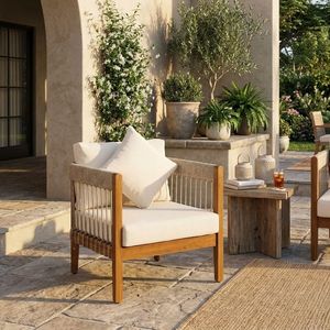 Sillón de Exterior Moderno de Madera de Acacia con Respaldo Curvo y Detalles de Cuerda Tejida a Mano, Silla Impermeable para Jardín y Piscina - Product Image 5
