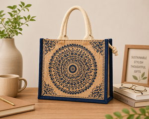 Sac fourre-tout en jute imprimé mandala, écologique, réutilisable, sac de courses, design ethnique indien, logo personnalisé, sac de transport - Product Image 4
