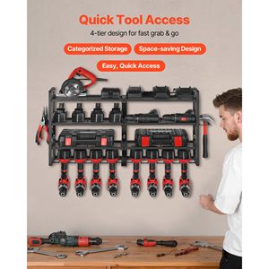 Organisateur mural pour outils électriques à 4 niveaux avec 8 supports pour perceuses, support pour tournevis, étagère de rangement - Product Image 1