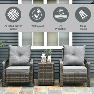Set di mobili da giardino a 3 pezzi con sedie in vimini grigio, sedili imbottiti e tavolino portaoggetti - Product Image 4