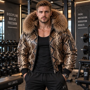 Men's Python Leather Hooded <b>Coat</b> with Genuine <b>Fox</b> <b>Fur</b> Trim Luxury Casual Motor Wear | Herren Lederjacke | Chaqueta Hombre Cuero - Product Image 3