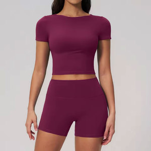 Conjunto Deportivo de 2 Piezas, Traje de Yoga de Manga Corta, Ropa Deportiva para Mujer, Ropa de Entrenamiento, Pantalones Cortos Deportivos para Correr, Conjuntos de Gimnasio - Product Image 3