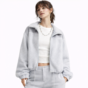 Chaqueta corta de forro polar extragrande para mujer |   Sudadera con capucha y cremallera para invierno |   Decoración con Patrón de Encaje a Rayas Bordado |   OEM Personalizado al por Mayor - Product Image 4