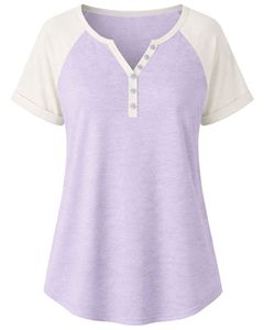 T-shirt personnalisé en coton doux pour femme, col Henley, manches courtes raglan, coupe décontractée et ample, respirant, idéal pour l'été - Product Image 1