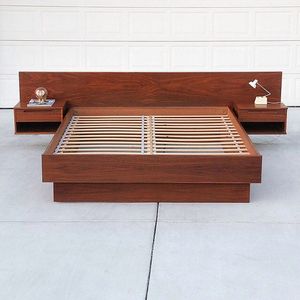 Mid Century Modern Wooden Platform <b>Bed</b> Frame Solid Wood King <b>Size</b> Bedroom Sets Integrated Floating Nightstands Luxury Hotel - Product Image 3