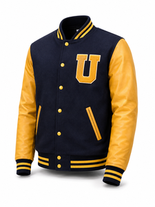 Veste universitaire unisexe bleu marine avec manches jaunes en laine/polyester, patchwork brodé lettre U, streetwear, col rabattu, hiver - Product Image 1