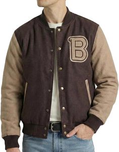 <b>Men's</b> Varsity <b>Jacket</b> Cotton Wool Blend <b>Letter</b> B Embroidered Front Brown Tan Sleeve Casual Autumn Wear - Product Image 6