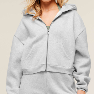 Women's Oversized Hooded <b>Zip</b>-<b>Up</b> Sweatshirt Drop Shoulder Solid Color Full Sleeve Cropped Fleece Autumn Wear - Product Image 5