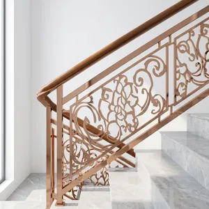 Luxury Rose Gold Stair Railing with Ornate Floral Design Wooden <b>Handrail</b> and Marble <b>Steps</b> for Modern Home Interior - Product Image 6
