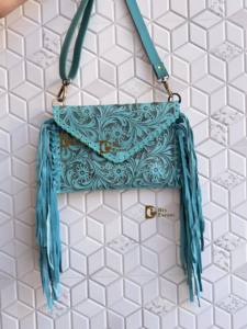 Nuevo diseñador de mano Tooled Fringe bolso de cuero real tallado a mano herramientas Color turquesa Sling Bag Western bolsos elegantes - Product Image 2