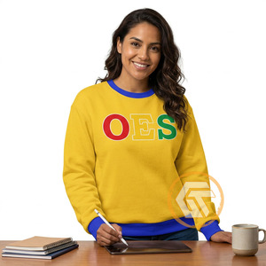 Sweat-shirt à col rond pour femme, imprimé lettres OES, devant uni, jaune, bordure bleue, coupe régulière, vêtement d'automne - Product Image 2
