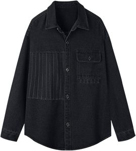 Chemises décontractées pour hommes à manches longues, chemisiers en jean tendance à col, hauts en jean vintage délavés avec poche - Product Image 3