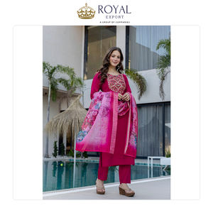 Colección de Diseñador de Calidad Excepcional: Conjunto de 3 Piezas de Kurti, Pantalón y Dupatta con Bordado Tradicional Chanderi - Product Image 4