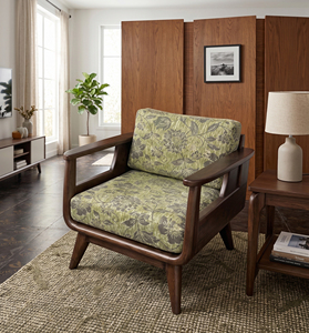 Sillón de Madera de Estilo Moderno de Mediados de Siglo con Tapicería Floral de Poliéster y Patas de Roble Macizo para Sala de Estar - Product Image 1