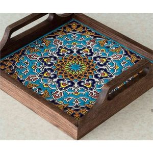 Plateau de service en bois fait main avec incrustation décorative, plateau à café turc décoratif, plateau de cuisine marocain vintage, plateaux de service - Product Image 3