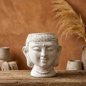 Pot de fleurs en terre cuite rustique blanc uni, fait main, en forme de tête de Bouddha, statue décorative en céramique, urne de table - Product Image 3