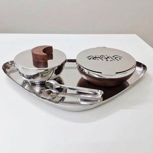 Elegant <b>Silver</b> Metal & Wood Incense <b>Burner</b> Set Featuring A Ramadan Mubarak Lidded Bowl, Crescent Handle, And Sleek Tray For Home - Product Image 1