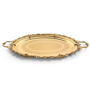 Magnifique plateau décoratif ovale plaqué or avec poignées ornées, design traditionnel, emballage en une seule pièce - Product Image 1