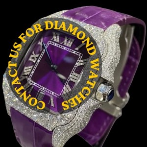 Montre pour homme personnalisée à cadran carré en verre avec chiffres romains, bracelet en cuir violet et diamants Moissanite – Nouveauté très prisée - Product Image 2