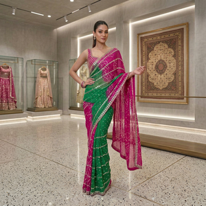 Sari rose et vert élégant pour femme avec broderies et travail de miroir, robe de mariage indienne traditionnelle - Product Image 1
