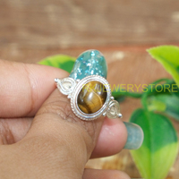 Bague ajustable artisanale en argent sterling 925 avec cabochon ovale en œil de tigre naturel marron doré, style bohème