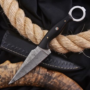 Couteau Skinner à lame fixe en acier Damas de qualité industrielle, pointe tombante, avec trou pour le pouce, manche en Micarta – Fournitures UA - Product Image 6