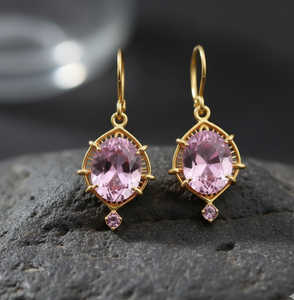 Boucles d'oreilles en argent sterling 925 plaqué or 18 carats – ovales roses hydro 10x12mm avec CZ, bijoux vintage pour femmes et filles, petites boucles pendantes - Product Image 1