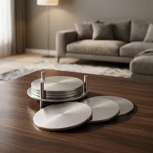 Premium Silver Round Coasters Set of 6 <b>Stainless</b> <b>Steel</b> <b>Table</b> Coasters for Tea Cups Coffee Mugs Cans Drinks Home Dining Office - Product Image 4