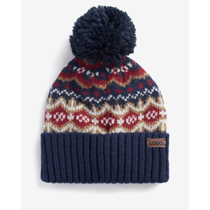 Unisex Jacquard Knit Beanie Hat Geometric Pattern Pom Pom <b>Winter</b> Warm <b>Cap</b> Casual Style for Adults - Product Image 3