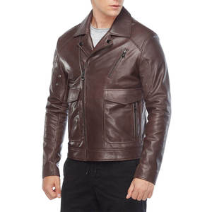 Veste moto en cuir véritable pour homme, marron, col rabattu, fermeture éclair, coupe classique - Product Image 5