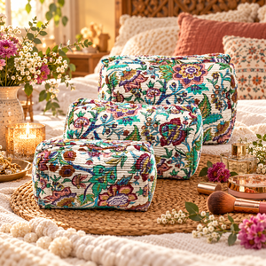 3 Piece Floral Printed Cotton Quilted Makeup <b>Bag</b> Set Wholesale Travel Cosmetic Pouches Zipper <b>Toiletry</b> Storage <b>Bags</b> for <b>Women</b> - Product Image 3