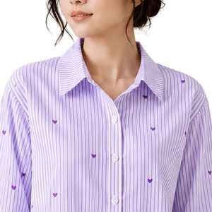 Camisa de Mujer Personalizada con Botones, Rayas Blancas y Moradas Lavanda, Blusa de Algodón de Manga Larga con Bordado de Corazón, Corte Holgado, Estilo Casual - Product Image 5